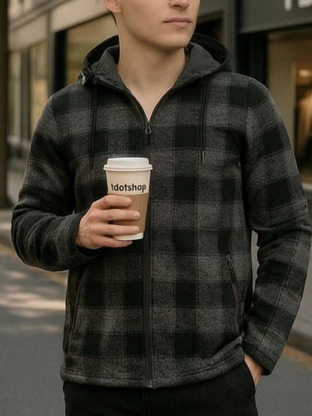 Fleece Jacket Plaid Hoodie Zip Up Sweatshirt Jacket Size XL Brand New Grey